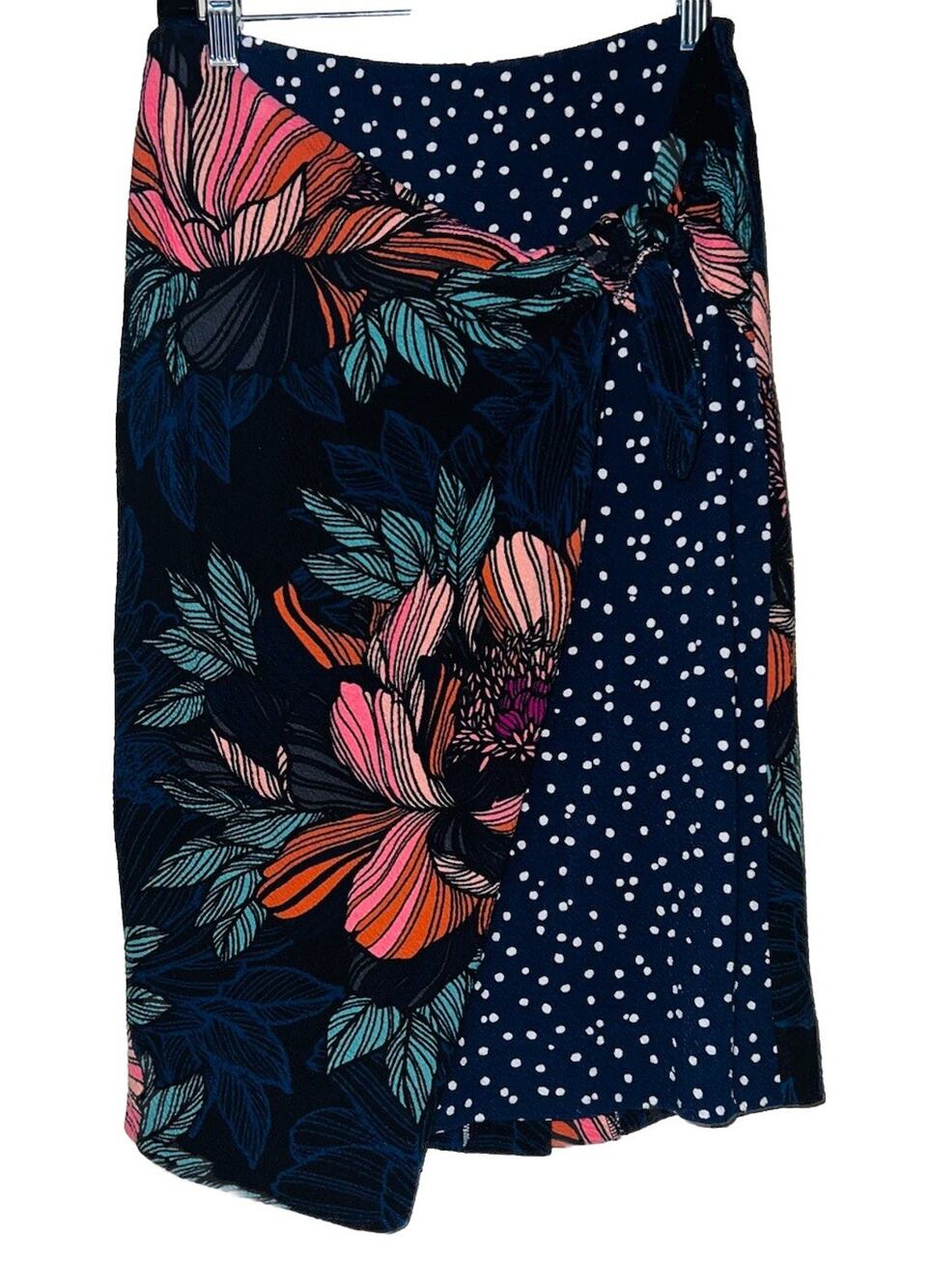 Anthropologie “Maeve” Petal Pop Floral Polka Dot Wrap Skirt Navy Womens Size 8